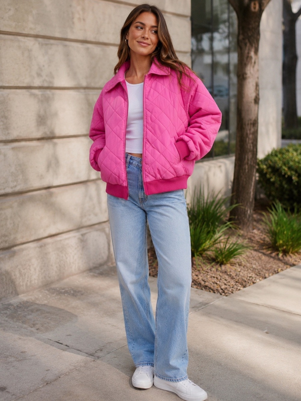 NWT Vibrant Pink Quilted Bomber Jacket
